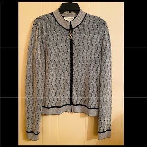 St. John Collection Knit Cardigan Zip Front Sweater Black & White M